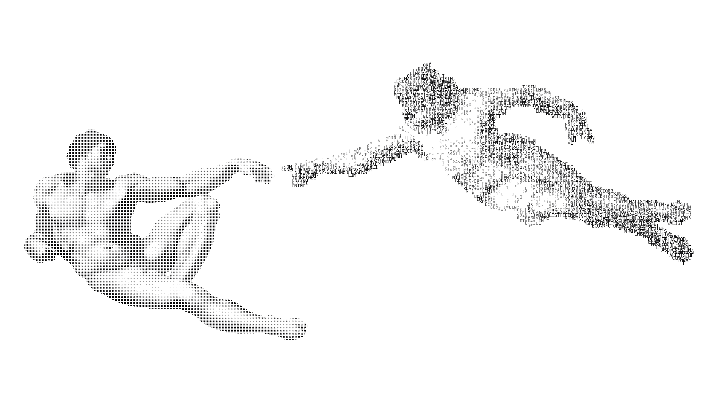 The Creation of Adam drawn as monochrome glyphs: the left figure built from matrix cells (world models, which sense), the right from cryptic letters (LLMs, which reason), their fingertips almost touching around an empty seam